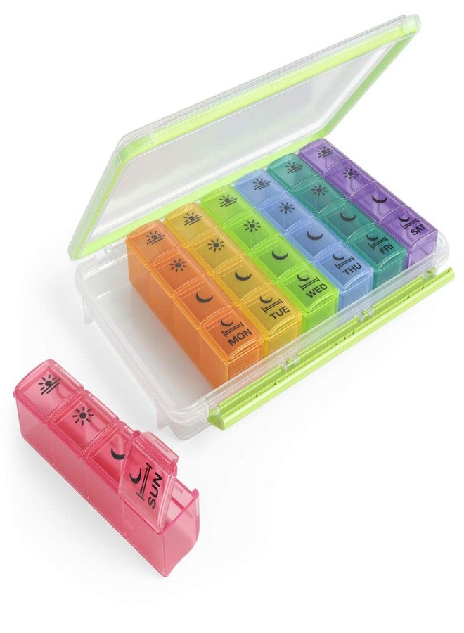 Ezy Dose Weekly (7-Day) Pill Case, Medicine Planner, Vitamin Organizer Box, Convenient and Easy to Use, X-Large Pop-Out Compartments, 4 Times a Day, Rainbow Lids with Case, BPA Free - Image 1